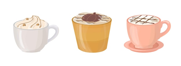 Set mokken met pompoenkoffiedrank, karamel en slagroom. Herfst briefkaart ontwerp.
