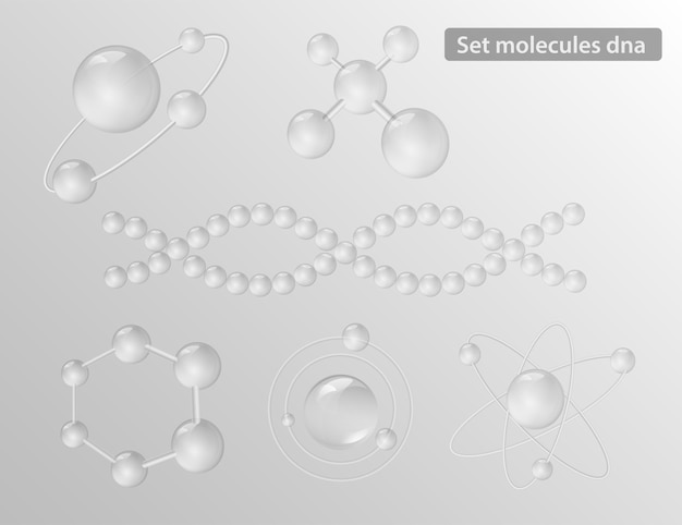 Impostare molecole dna alternative mediche. atom struttura molecolare con particelle sferiche di vetro.