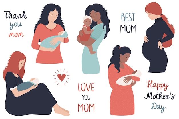 Vector a set of mom and baby mother in different poses with a kid in her arms a pregnant woman