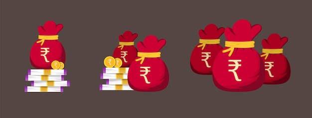 Set of money bag and indian currency stack