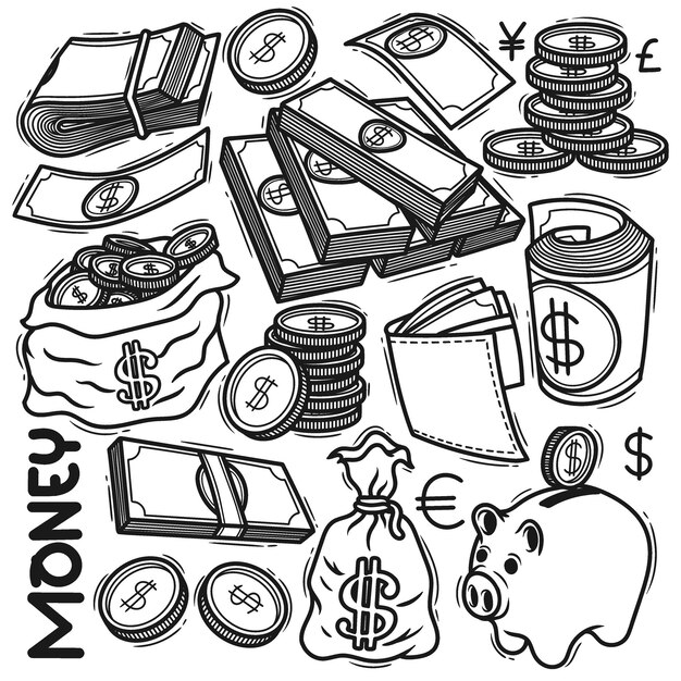 Vector set money hand drawn doodle