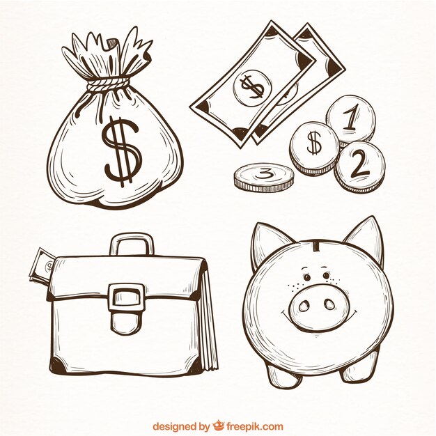 Vector set of money items in hand-drawn style