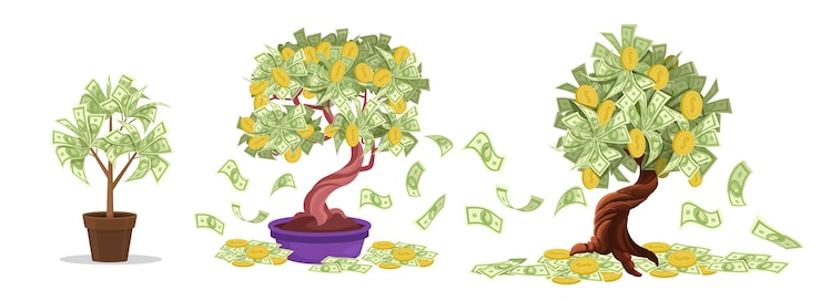 Vector set of money tree tree with money leaves big tree with money instead of leaves and trees in pots