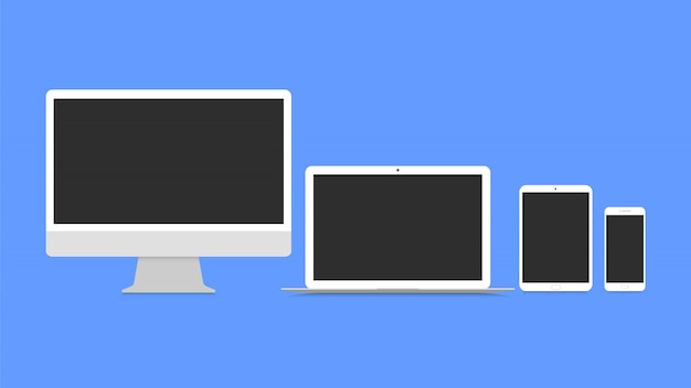 Set of monitor, laptop, tablet, smartphone. Technological devices in flat style.