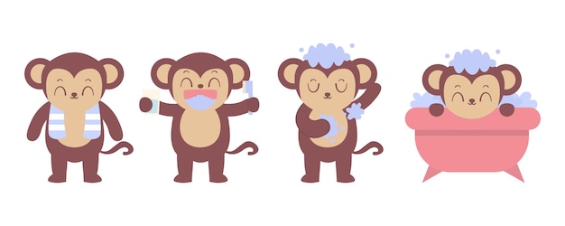 Set of monkey in the bathroom cartoon illustration