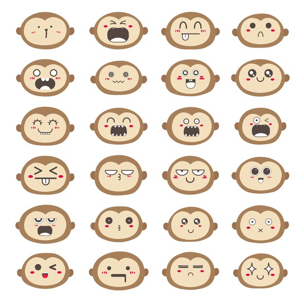 Set of monkey face emoticons, Cute monkey character design.