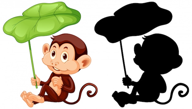 Set of monkey holding leaf and its silhouette