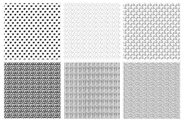 モノクロの黒と白のパターンテクスチャ背景のセットイラストにテクスチャを追加する印象的なパターン抽象的なインクドットのトレーステクスチャ円スポット落書きストライプ