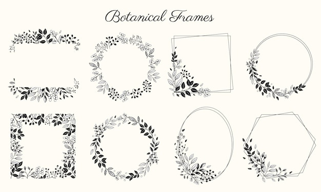 Set of monochrome botanical frames with leaves and berries Vector floral border wreath