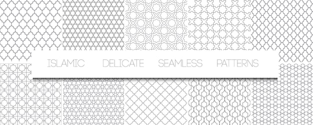 Set of   monochrome delicate islamic seamless patterns. geometric traditional arabian backgrounds. repeating oriental ornaments, textures, black and white ornaments