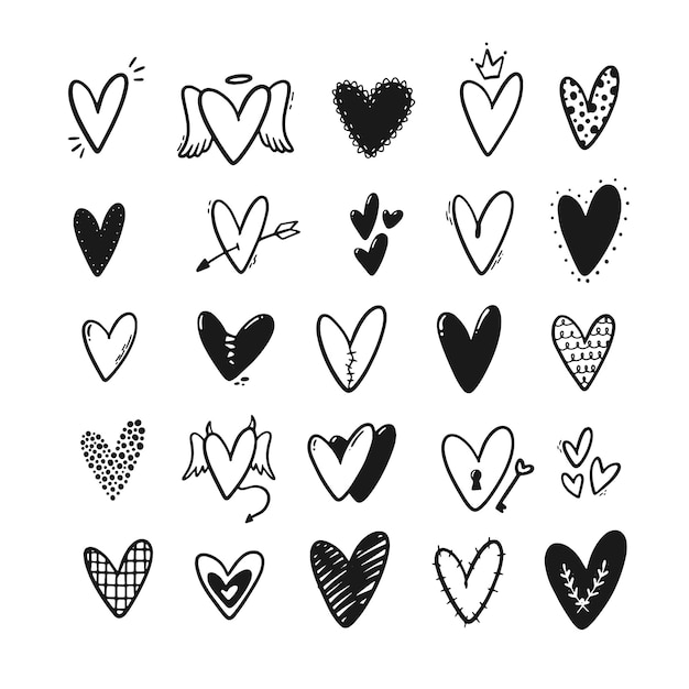 Vector set of monochrome doodled hearts for stickers and prints