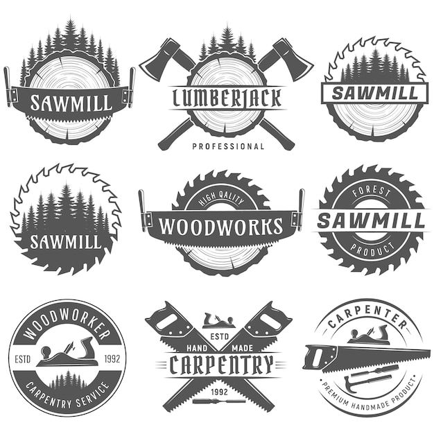 Vettore set di emblemi di loghi monocromatici per falegnameria, falegnami, boscaiolo, servizio di segheria.