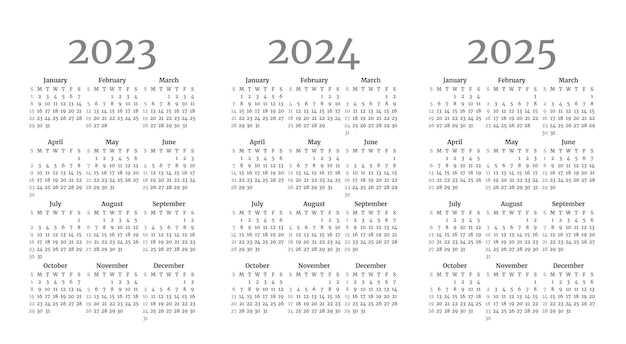 Set monochrome maandelijkse kalendersjablonen voor 2023 2024 2025 jaar