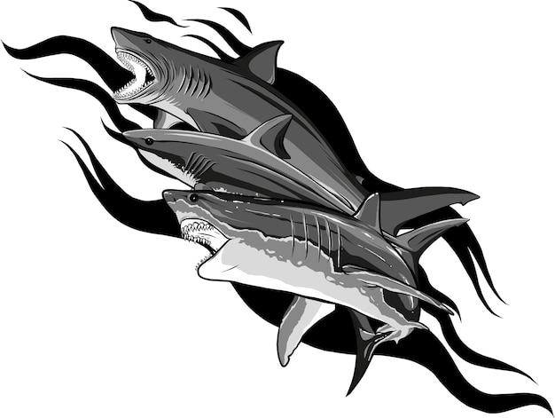 Vector set of monochrome shark vector silhouettes sea fish animal swimming fauna illustration
