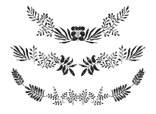 Set of monochrome sketchy botanical laurel wreaths