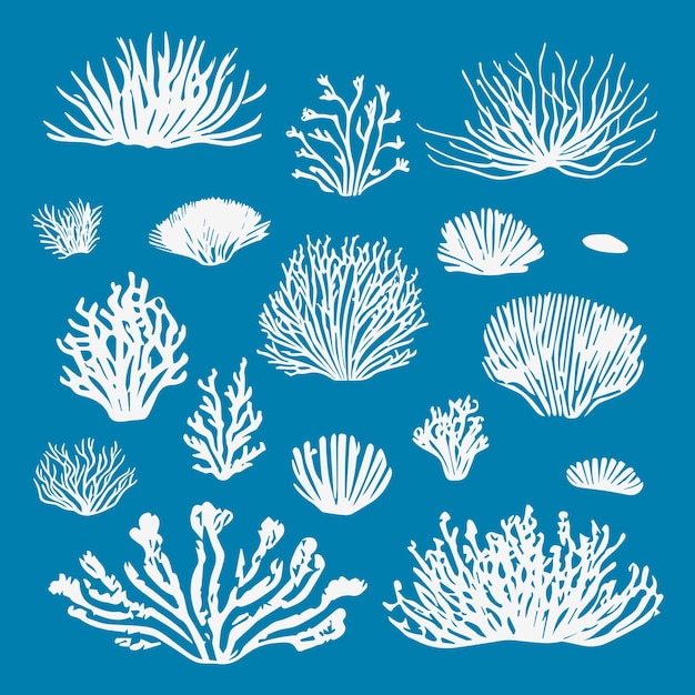 Set of monochrome vector silhouettes of seaweed of different shapes highlighted on a blue backgroun