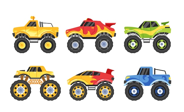 Vettore set di monster truck, ciascuno adornato con disegni e colori unici pronti a emozionare il pubblico con acrobazie impressionanti