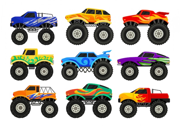 Set di monster truck. auto pesanti con pneumatici di grandi dimensioni e vetri oscurati neri. per poster pubblicitari, giochi per computer o dispositivi mobili