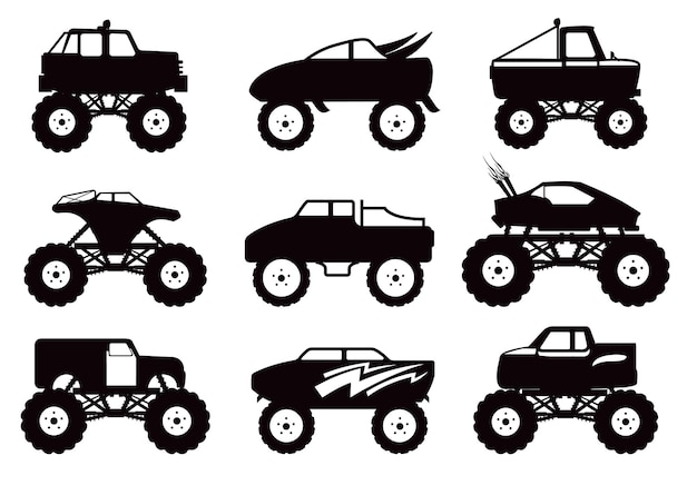 Set of monster vehicles flat isolated vector silhouettes