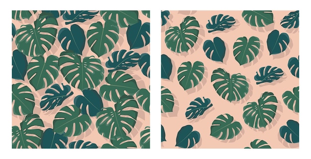 Set di silhouette di foglie di monstera con motivi di ombre su sfondo corallo alla moda illustrazione piatta