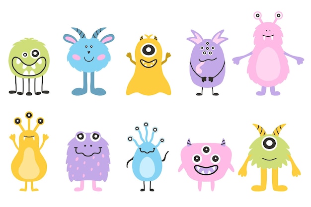 Set of monsters and aliens Cute hand drawn monsters in scandinavian style Doodle aliens Vector illustration