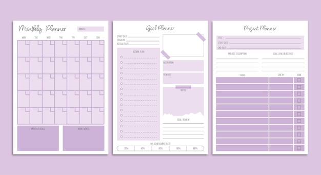 Set of monthly planner,goal planner and project planner sheets. Minimalist, modern planner template