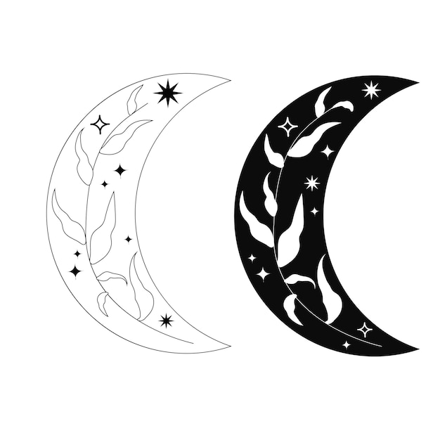 Vettore set luna boho celeste decorato con foglie e scintille stelle in bianco e nero