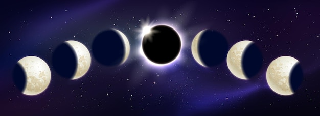 Vector set of moon phases and eclipse on outer space background