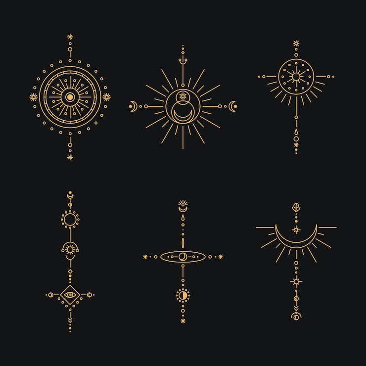 Vector set of moon and sun line art minimal boho linear symbols celestial mystic element