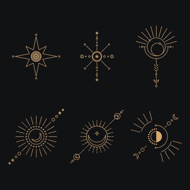 Vector set of moon and sun line art minimal boho linear symbols celestial mystic element