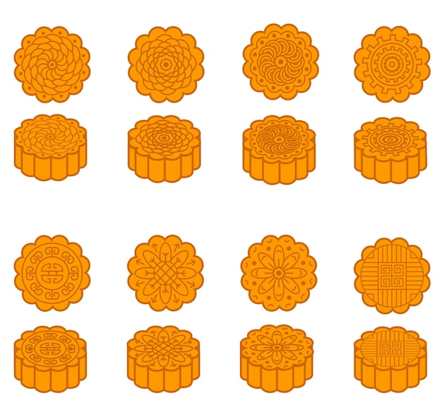 アジアのオリエンタルな装飾が施された月餅のセット。中秋節の月餅。ベクトル図