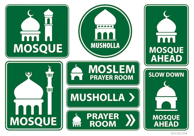 Vector set of mosque icon or prayer room sign isolated 3d illustration