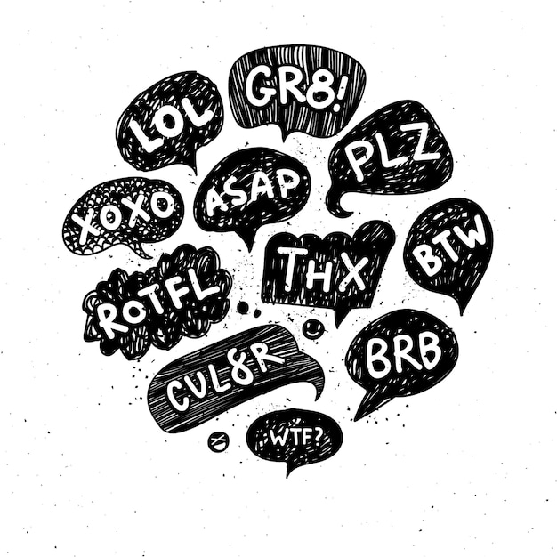 Set of most common used acronyms and abbreviations on hand drawn speech bubbles.