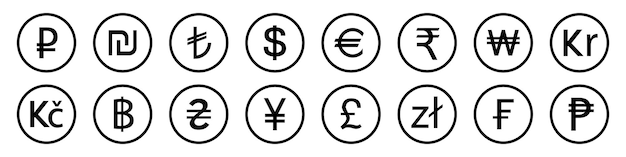 Vettore insieme dell'icona dei simboli di valuta più utilizzati