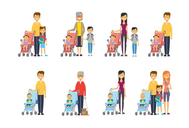 set mother father granny diverse poses son daughter baby in stroller full length avatar