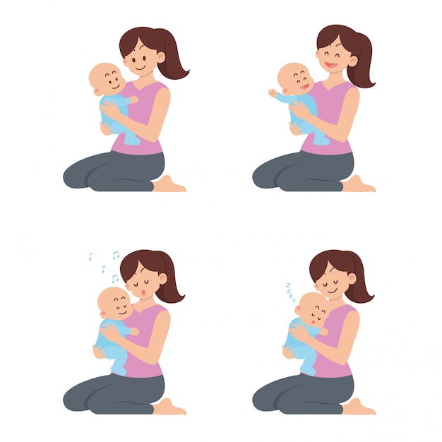 Set of mother holding happy baby with different actions in flat cartoon style