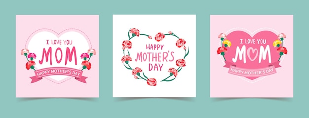 Set of mothers day greeting cards design with hearts and carnation flower decoration