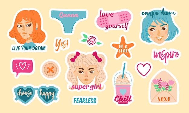 Set motiverende vector stickers van vrouwelijke hoofden met leuke stijlvolle symbolen en inspirerende inscripties ontworpen voor meisjes en jonge vrouwen