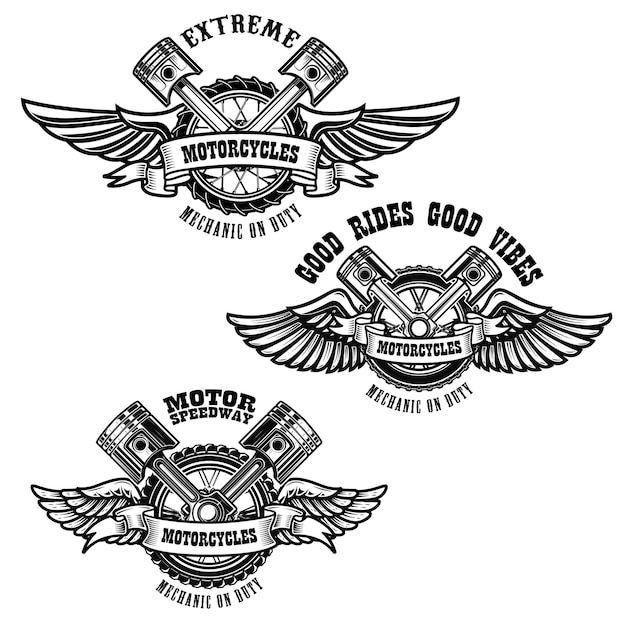 Set motorfiets reparatie emblemen. Fietsmotor, zuigers. Ontwerpelement voor logo, etiket, embleem, teken, poster.