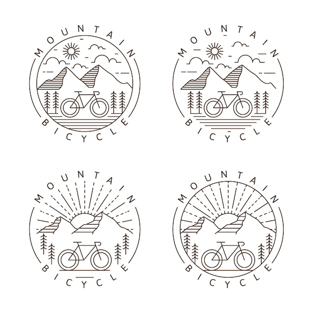 Set of mountain and bicycle monoline or line art style vector illustration