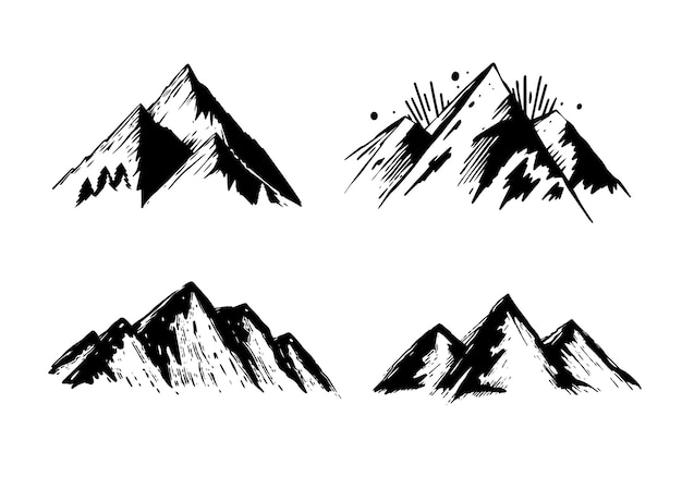 Установите горный пейзаж черного цвета векторную иллюстрацию Плоский дизайн изолирован на белом фоне