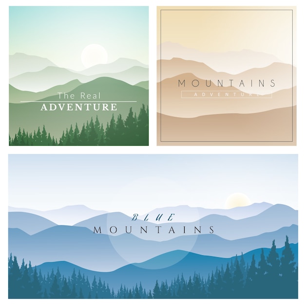 Vector set of mountain landscape, vector background with foggy mountains