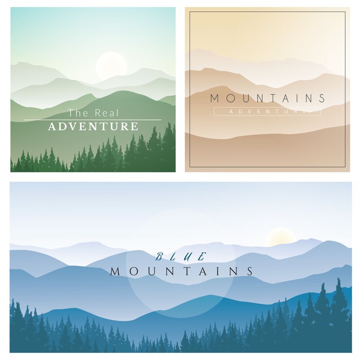 Vector 山の風景、霧の山々とベクトルの背景のセット