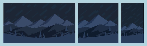 Set of Mountain Landscapes at Midnight. Square, Horizontal and Vertical Posters, Flat Design EPS