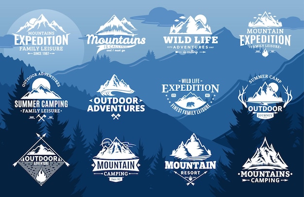 Vector set of mountain and outdoor adventures logo on mountain landscape background.