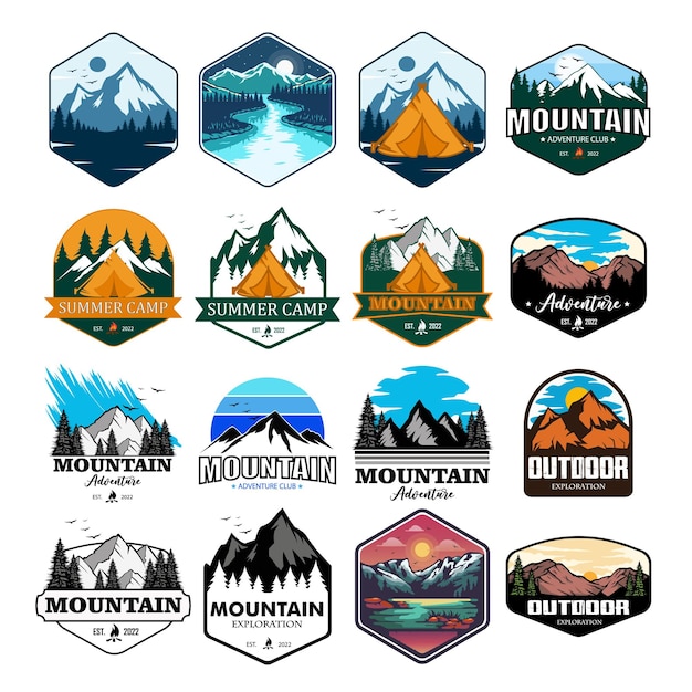 Set di montagna, illustrazioni vettoriali logo all'aperto. logo astratto di montagna premium per badge.