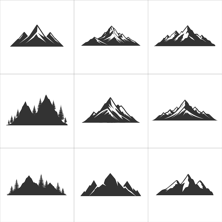 Vector set of mountain silhouettes for outdoor travel adventure and nature design elegant vector designs