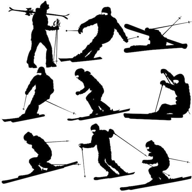 Набор горных лыжников, ускоряющихся вниз по склону Векторный спортивный силуэт