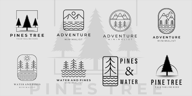 Set di acqua di montagna e pino logo line art minimalista semplice icona modello design bundle