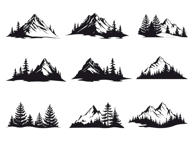 Vector set of mountains and hills with fir tree forest silhouette illustration